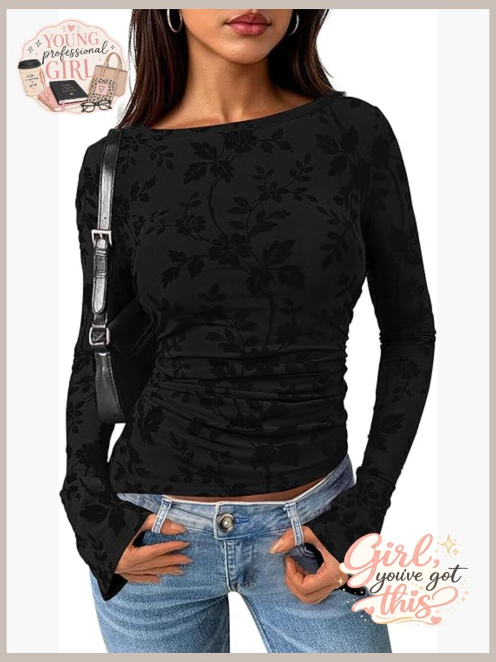 Women's Long Sleeve Floral Mesh Blouse Boat Neck Ruched Slim Fit Date Night Top